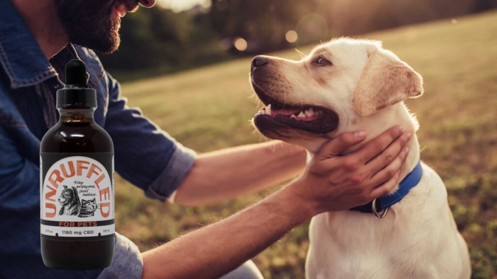 Man smiling with his dog while holding a bottle of Unruffled CBD oil for pets, sharing their story of relief from dog seizures.