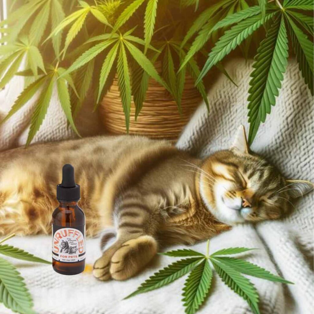 Calm cat sleeping comfortably next to a bottle of Unruffled CBD Oil, surrounded by hemp leaves.
