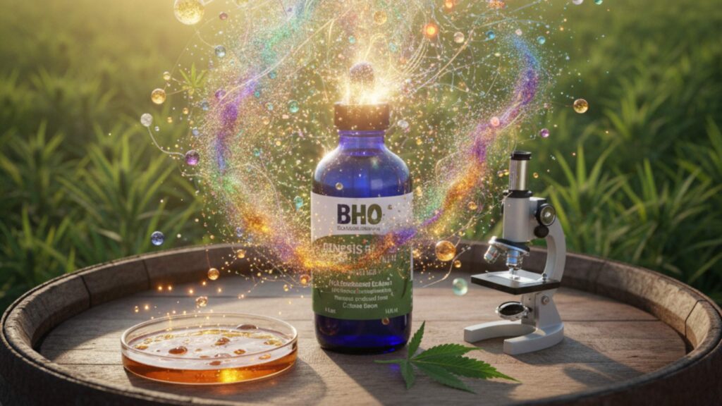 A Bluegrass Hemp Oil Genesis Blend bottle on a wooden barrel in a hemp field at sunset, surrounded by colorful, sparkling particles and molecules representing the entourage effect, with a microscope and petri dish.
