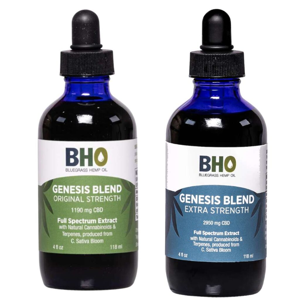 Bottles of Genesis Blend™ Original Strength and Extra Strength Full Spectrum CBD Oil by Kentucky Cannabis Company.