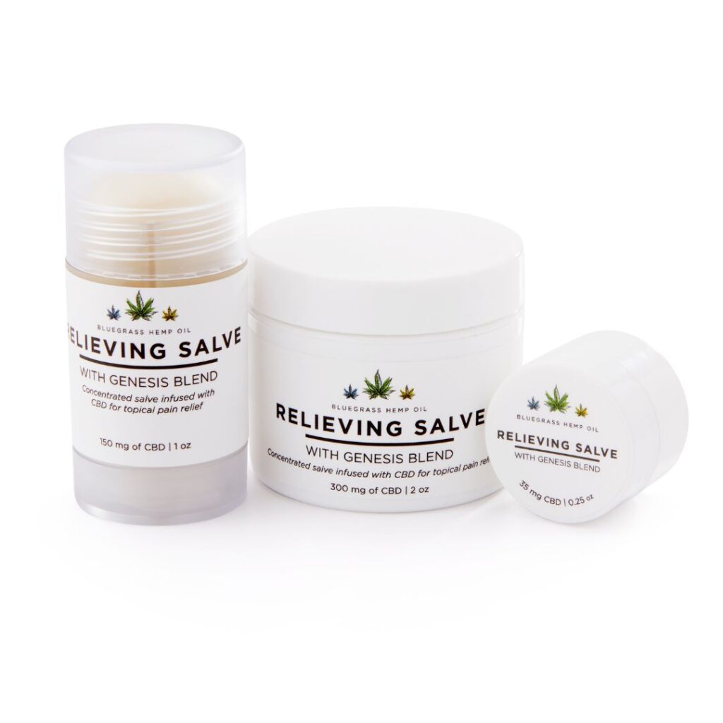 CBD Relieving Salve from Bluegrass Hemp Oil, a full-spectrum topical designed to soothe sore muscles, joints, and inflammation naturally.
