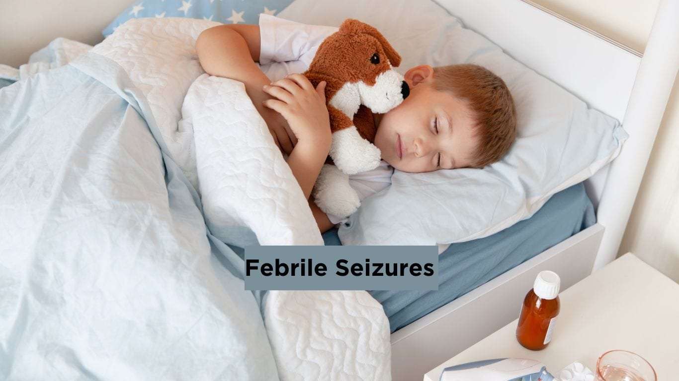 A peaceful young child, approximately 2-4 years old, sleeping soundly in bed, clutching a teddy bear, after experiencing a febrile seizure. The room is dimly lit, conveying a sense of calm and recovery.