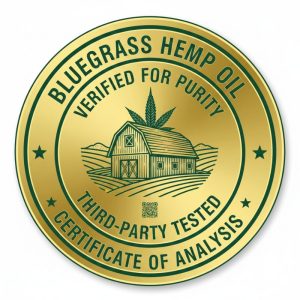 Gold Certificate of Analysis seal for Bluegrass Hemp Oil, featuring a Kentucky farm barn icon and third-party tested verification text.